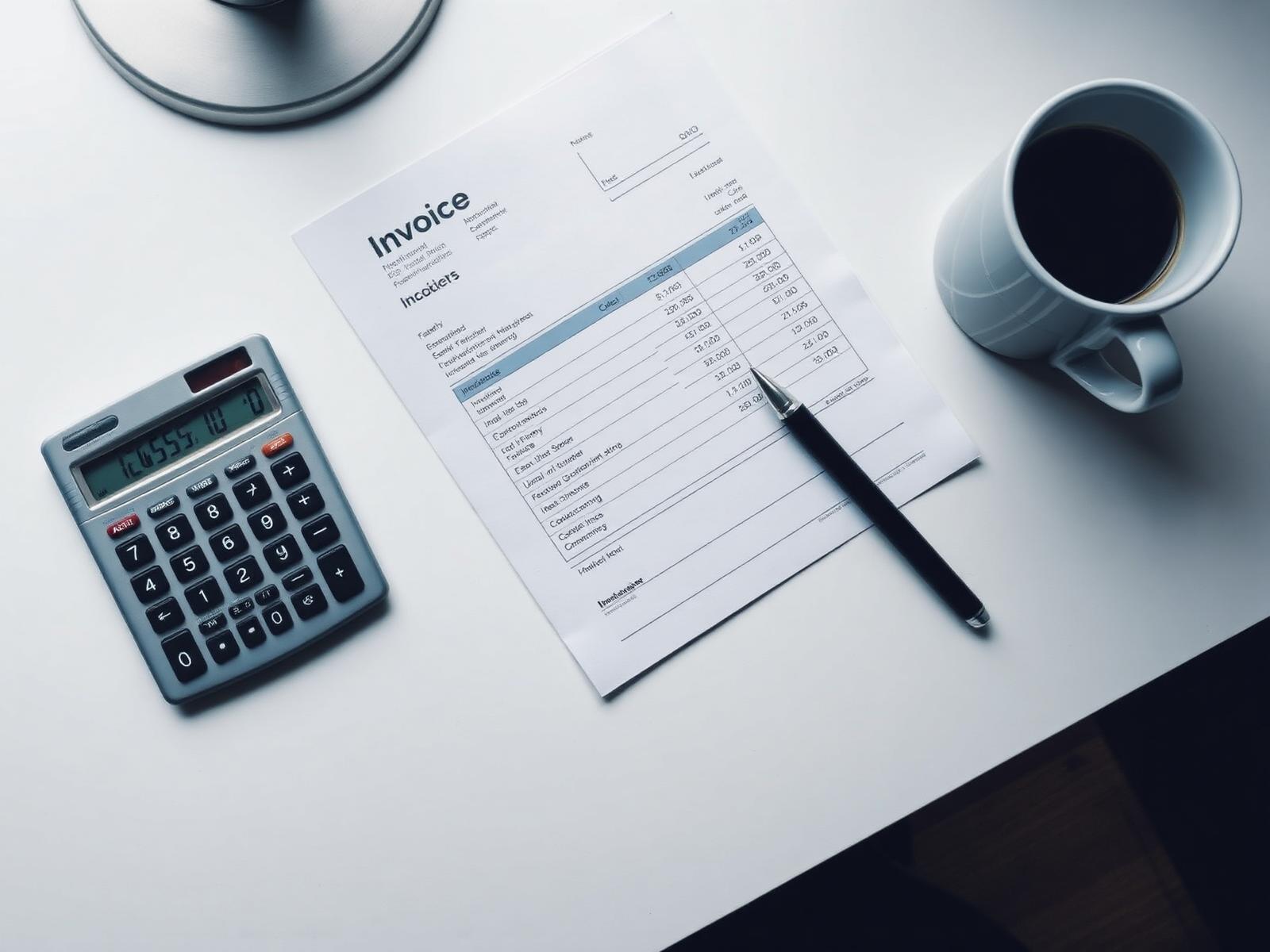 Calculator, invoice and pen on a desk representing legal costs and fee estimates