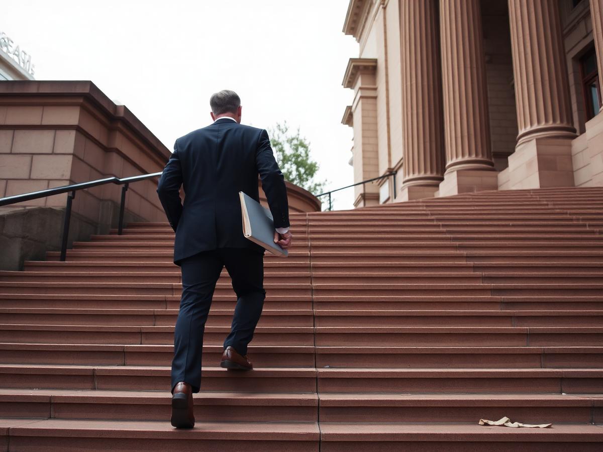 Solicitor carrying a case folder up the sandstone steps of a NSW courthouse
