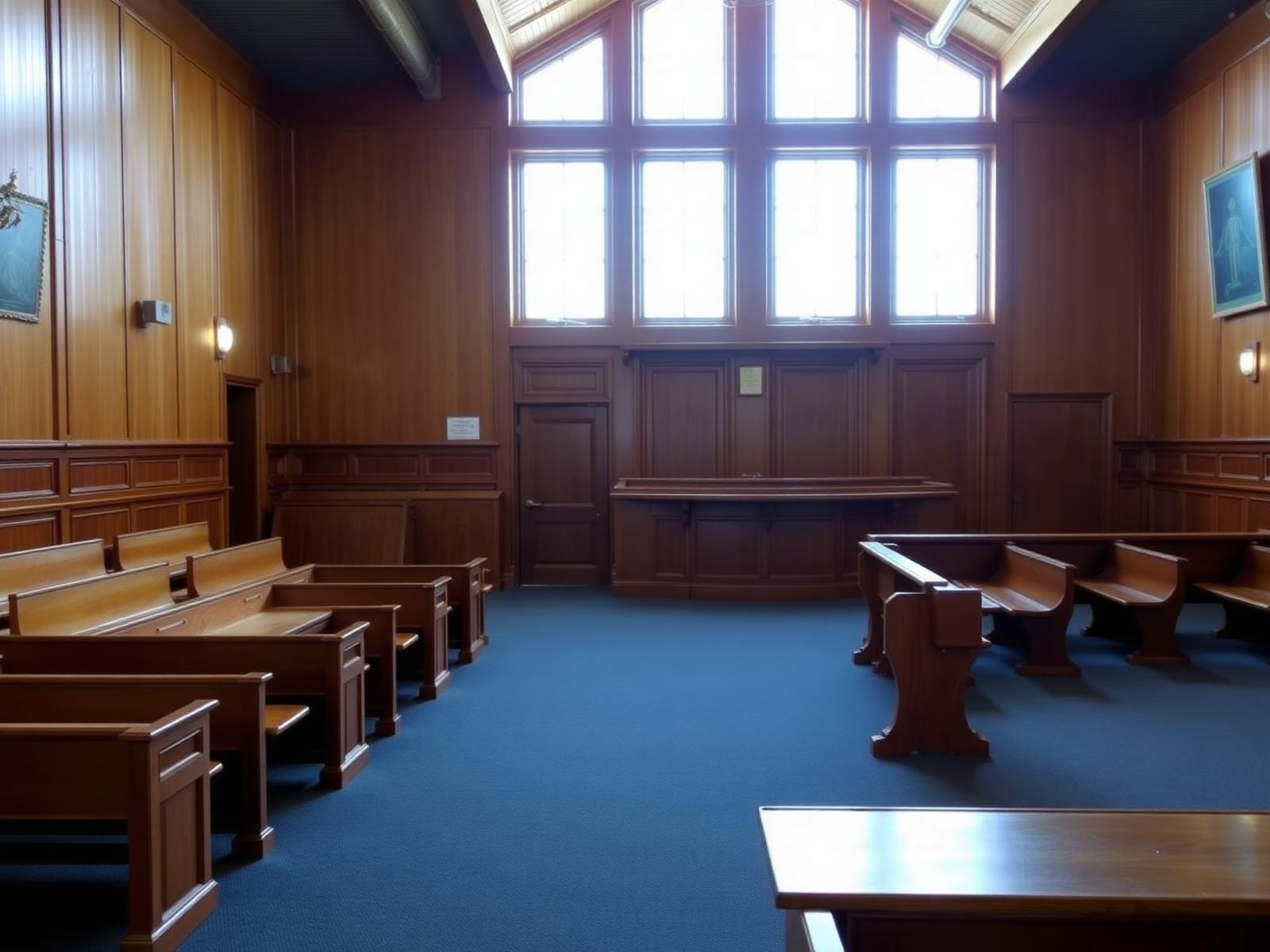 Interior of an Australian Local Court with timber bench and bar table