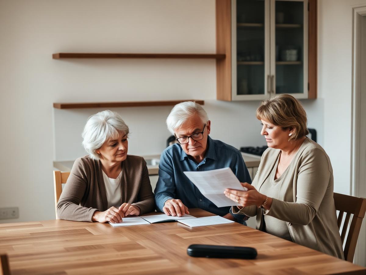 Older couple reviewing estate planning documents at home with an adviser