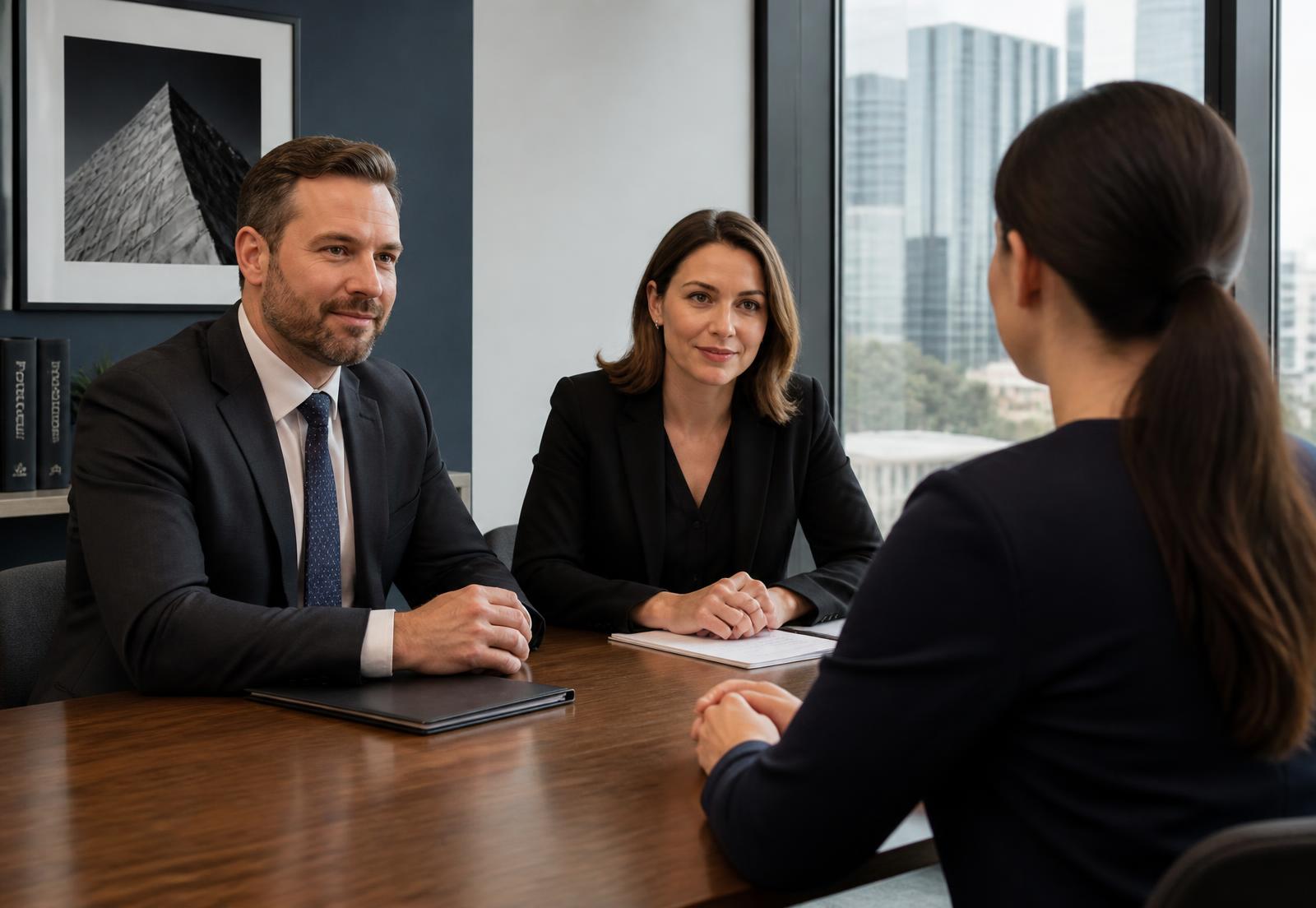 Solicitors from MGE Lawyers meeting with a client in their Parramatta office