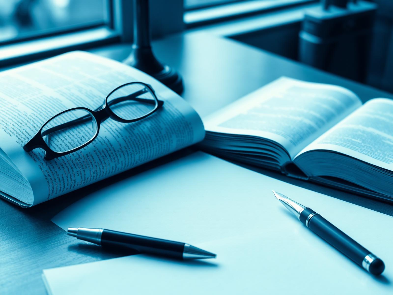 Open legal texts, reading glasses and a pen on a solicitor's desk
