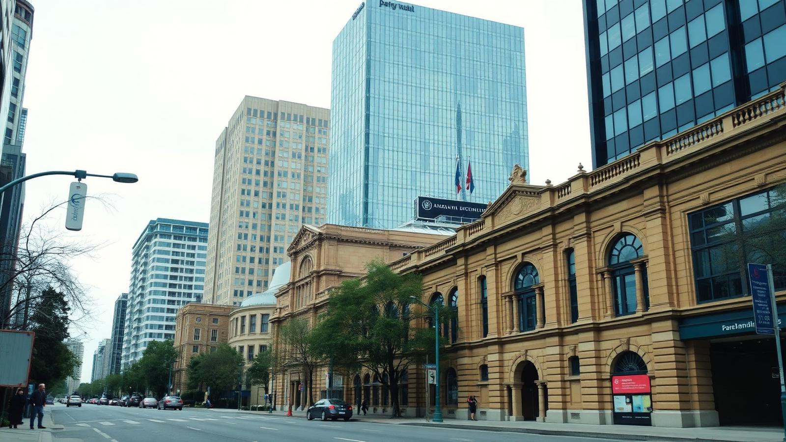 Parramatta streetscape with modern offices and sandstone civic buildings